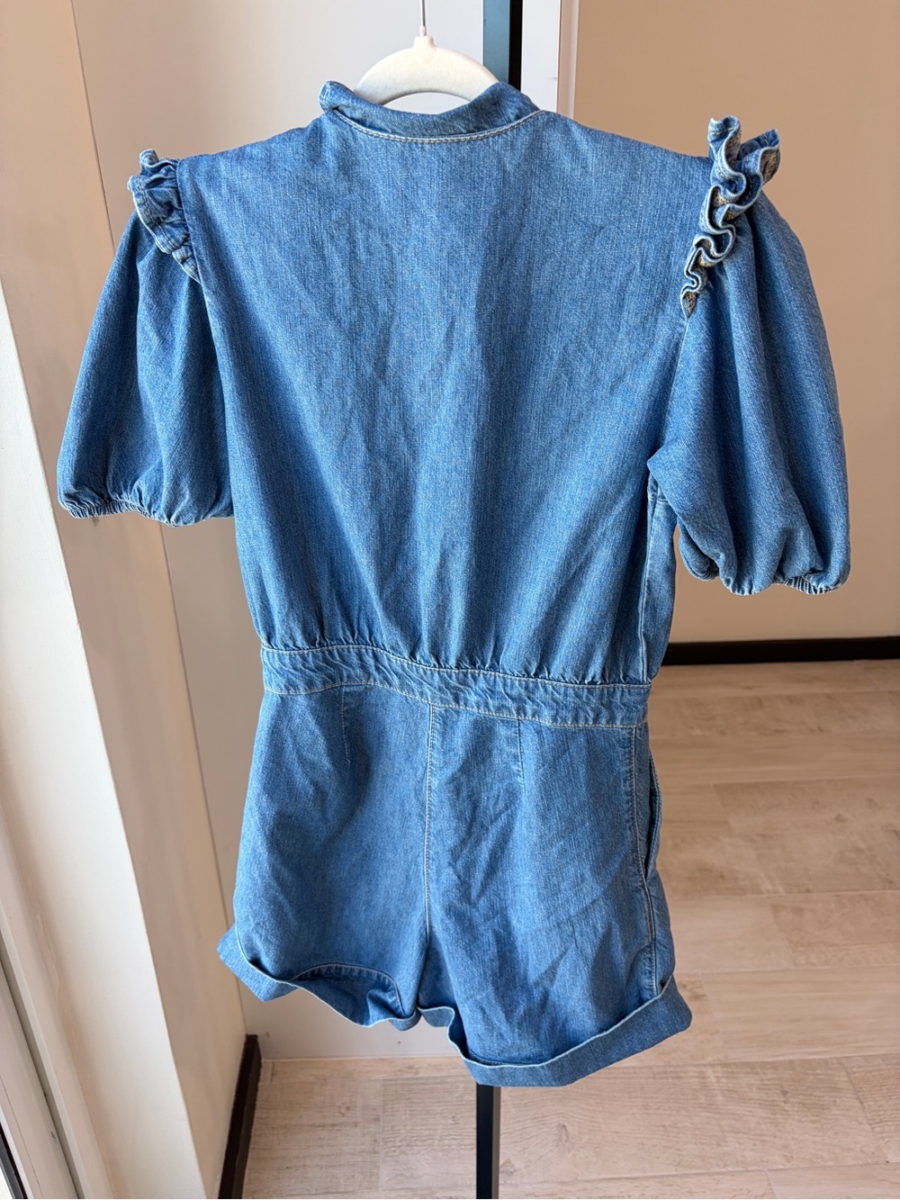 Farm Rio: Denim Ruffled Puff Sleeve Romper - Picture 8 of 10
